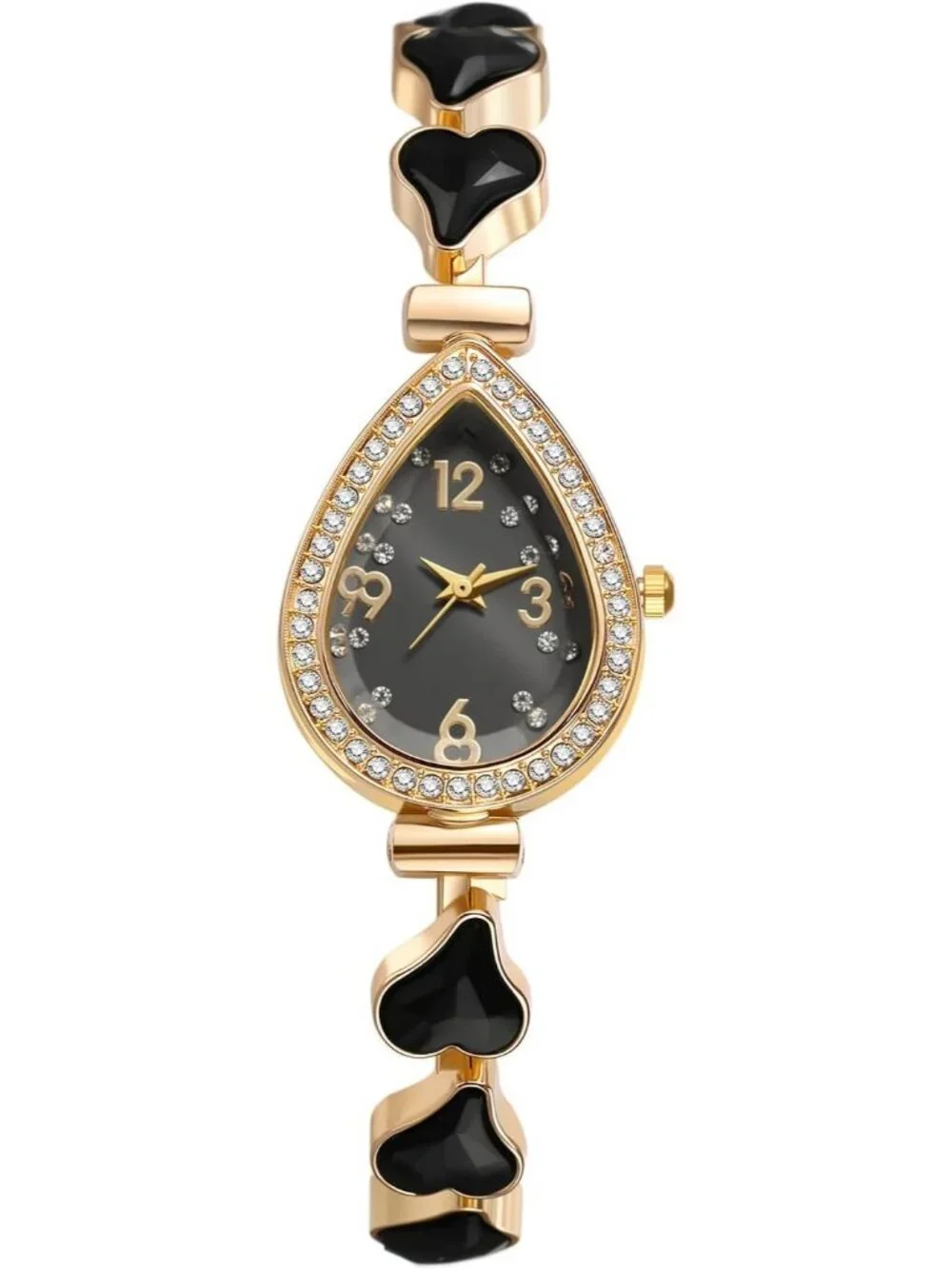 Women's Black Crystal Teardrop Rhinestone Dial Ultra-Thin Metal Wrist Watch